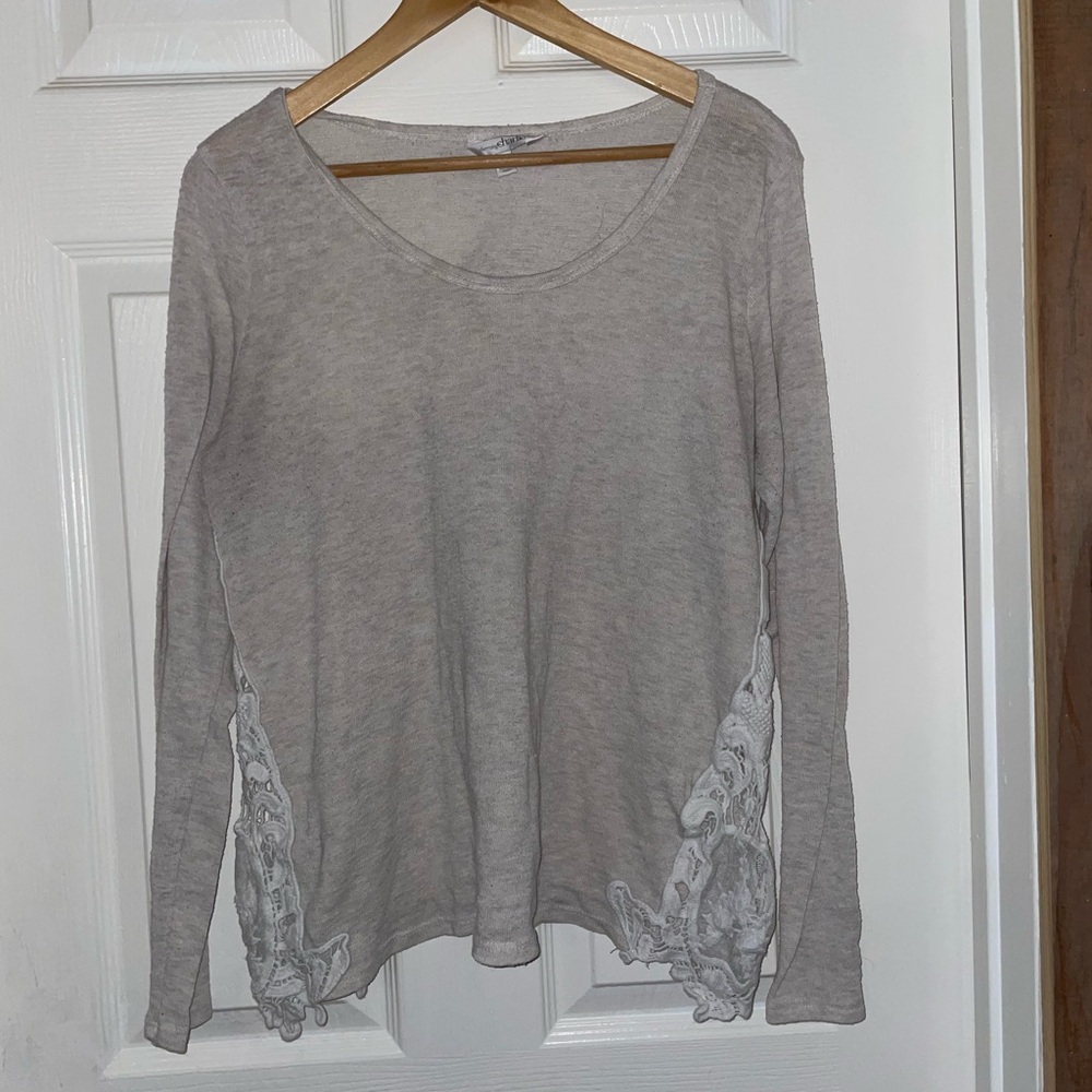 Charming Charlie Taupe Long Sleeve Scoop Neck Top with Lace Side Panels